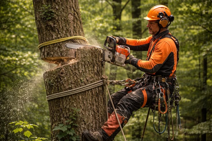 Professional arborist in safety gear using a chainsaw to cut a large tree